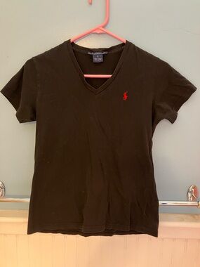 Ralph Lauren Black V-Neck Tee with Red Pony Logo